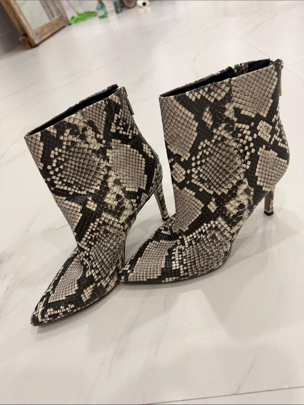 Pointed Toe Leather Snake-Print Ankle Booties in Black and Cream